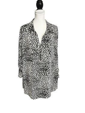 PLEIONE Leopard Print Blouse Plus Size 2X Pockets Roll Tab Sleeves Collared Top